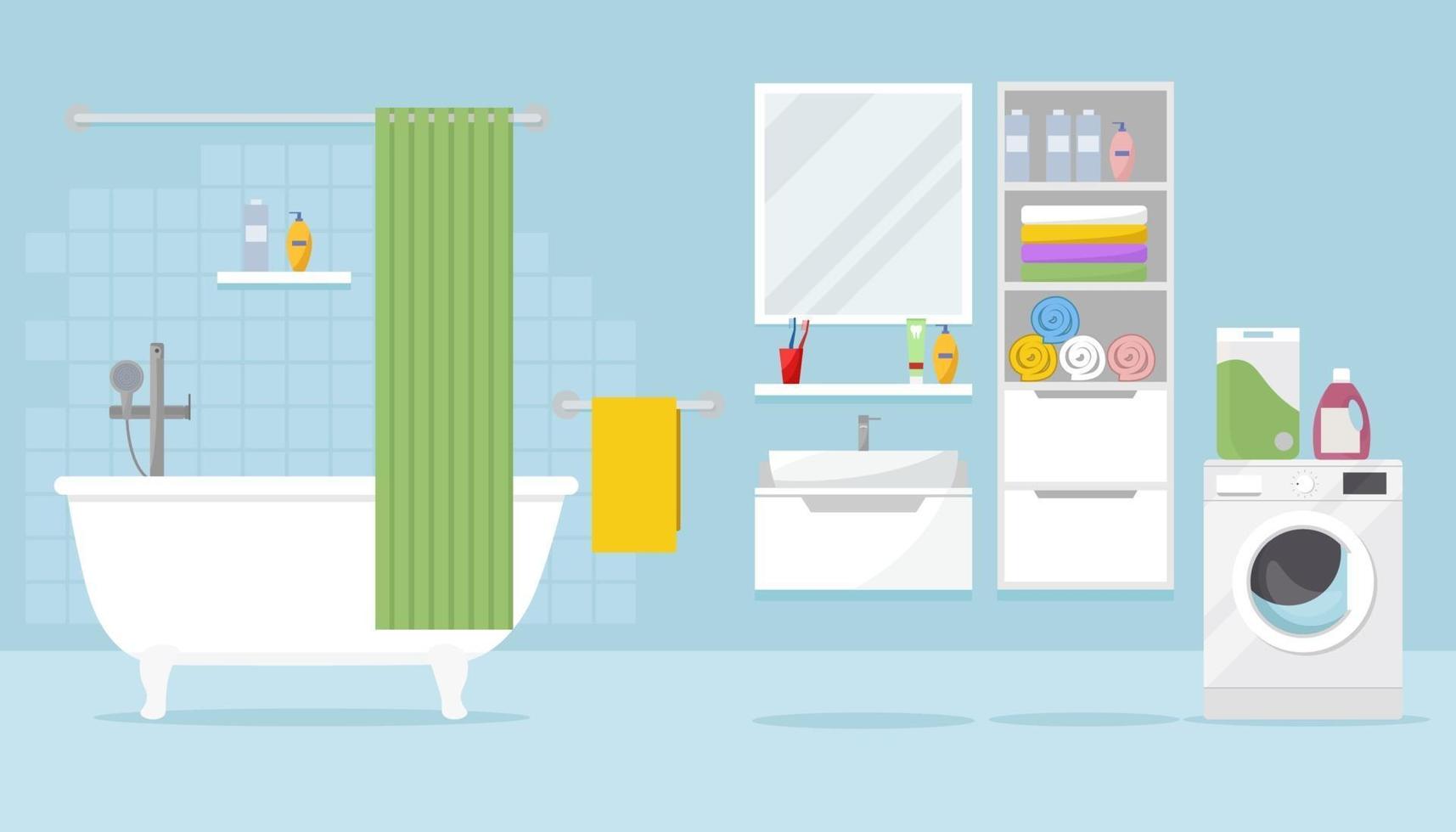 Bathroom with bathtub, lockers, washing machine and various accessories vector