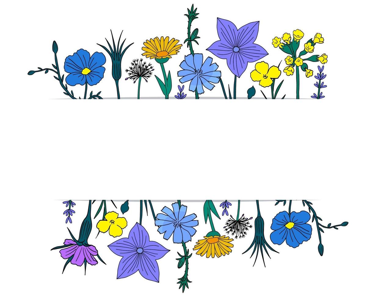 Floral frame with cute spring wildflowers. Simple hand drawn style vector