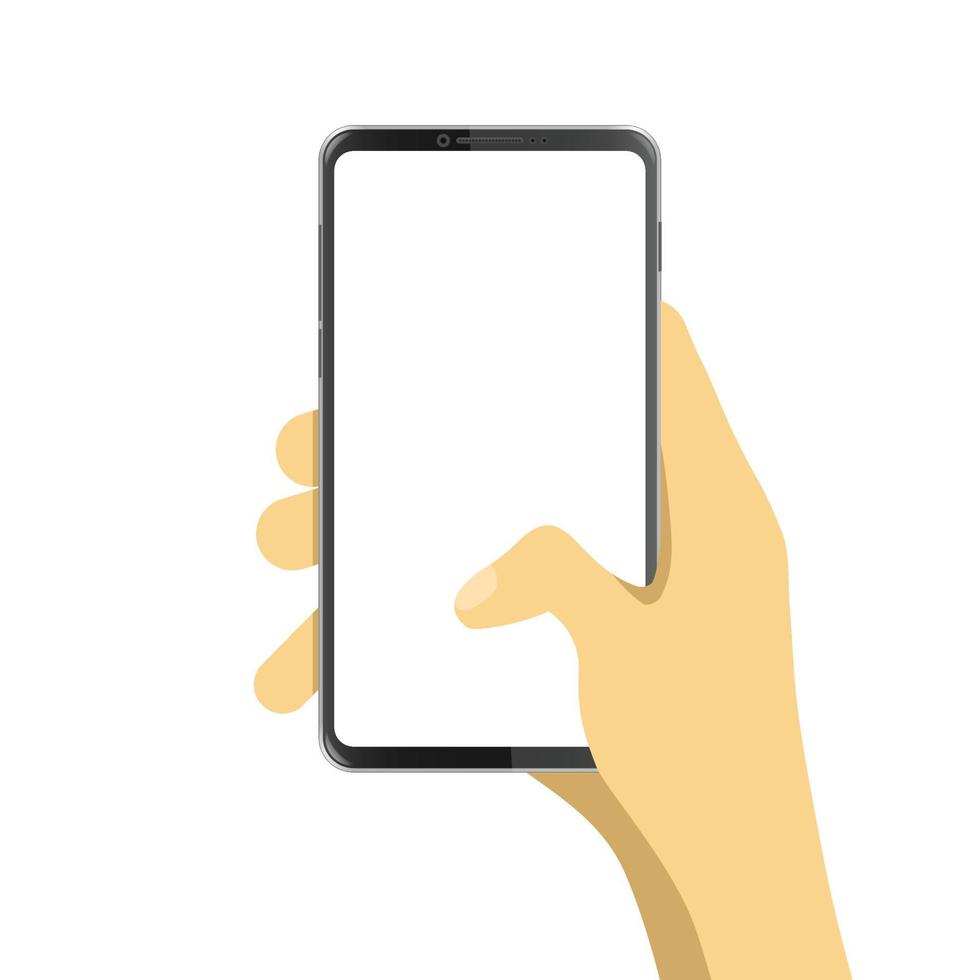mano que sostiene el teléfono inteligente con pantalla en blanco en blanco vector