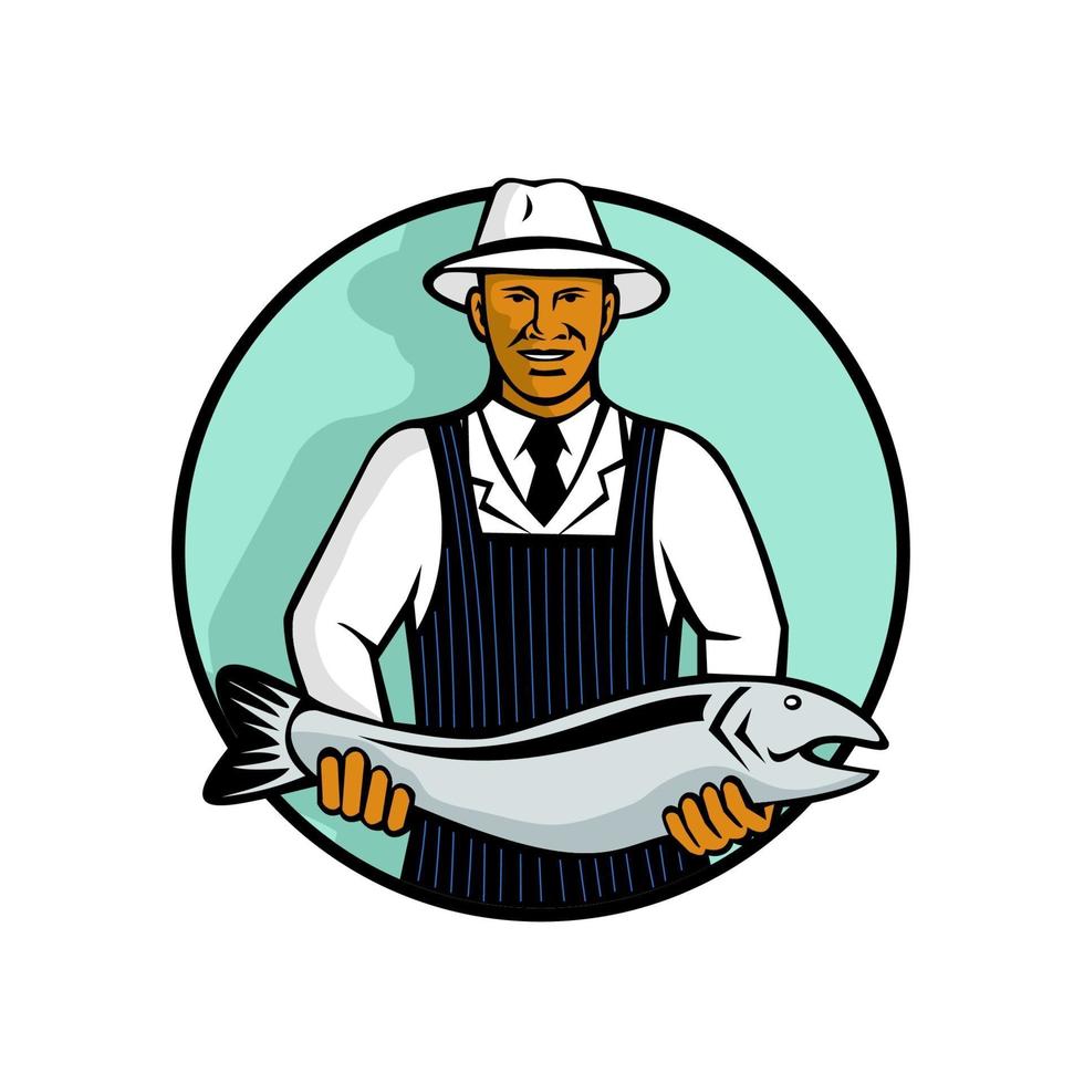 fishmonger holding salmon vector
