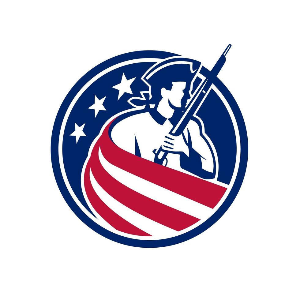 Patriota con rifle mosquete y bandera de rayas y estrellas EE. vector