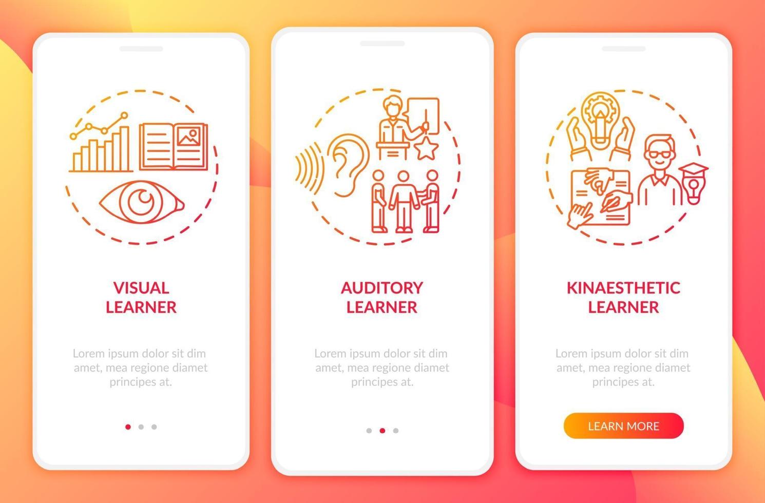 Learning styles red onboarding mobile app page screen with concepts vector