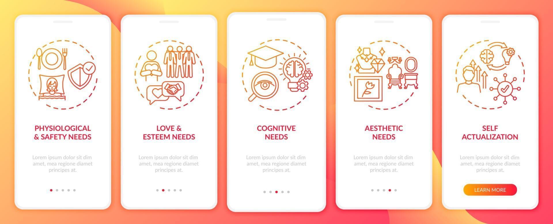 Human being needs red onboarding mobile app page screen with concepts vector