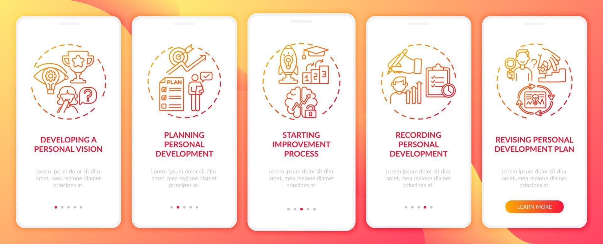 Personal development steps red onboarding mobile app page screen with concepts vector