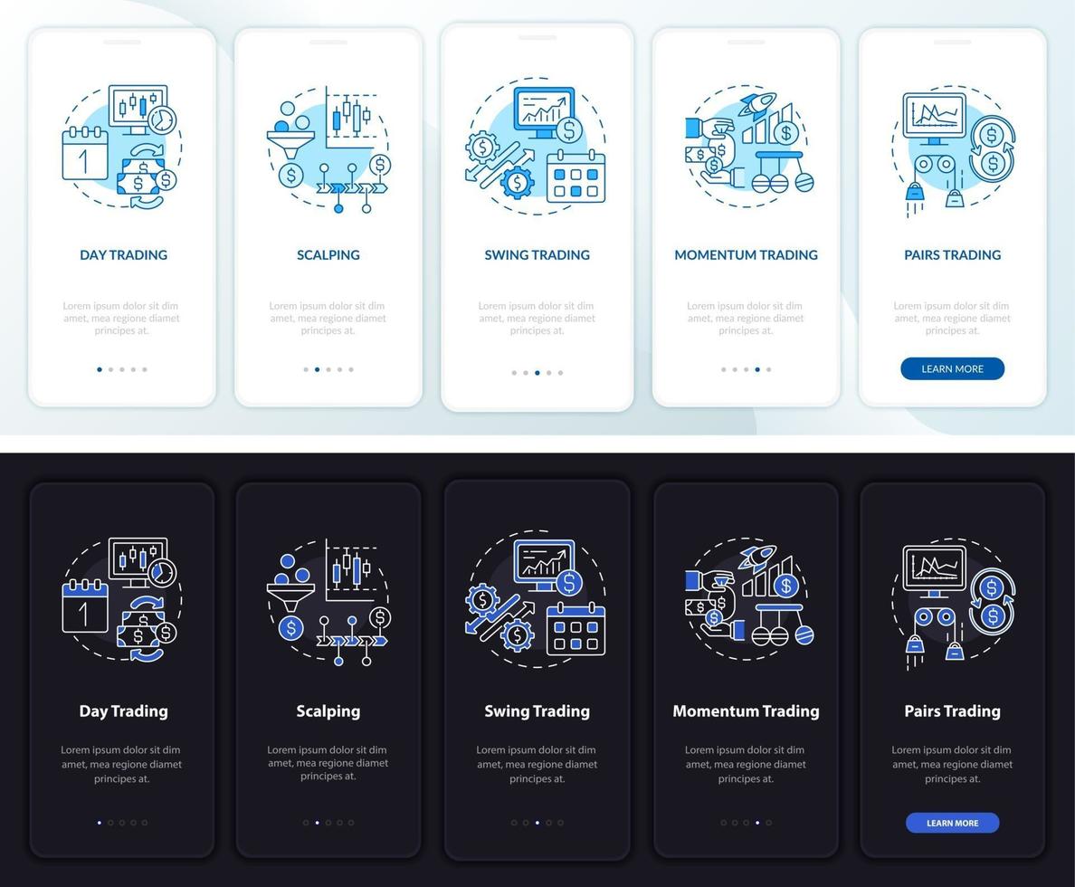 Trade styles onboarding mobile app page screen with concepts vector