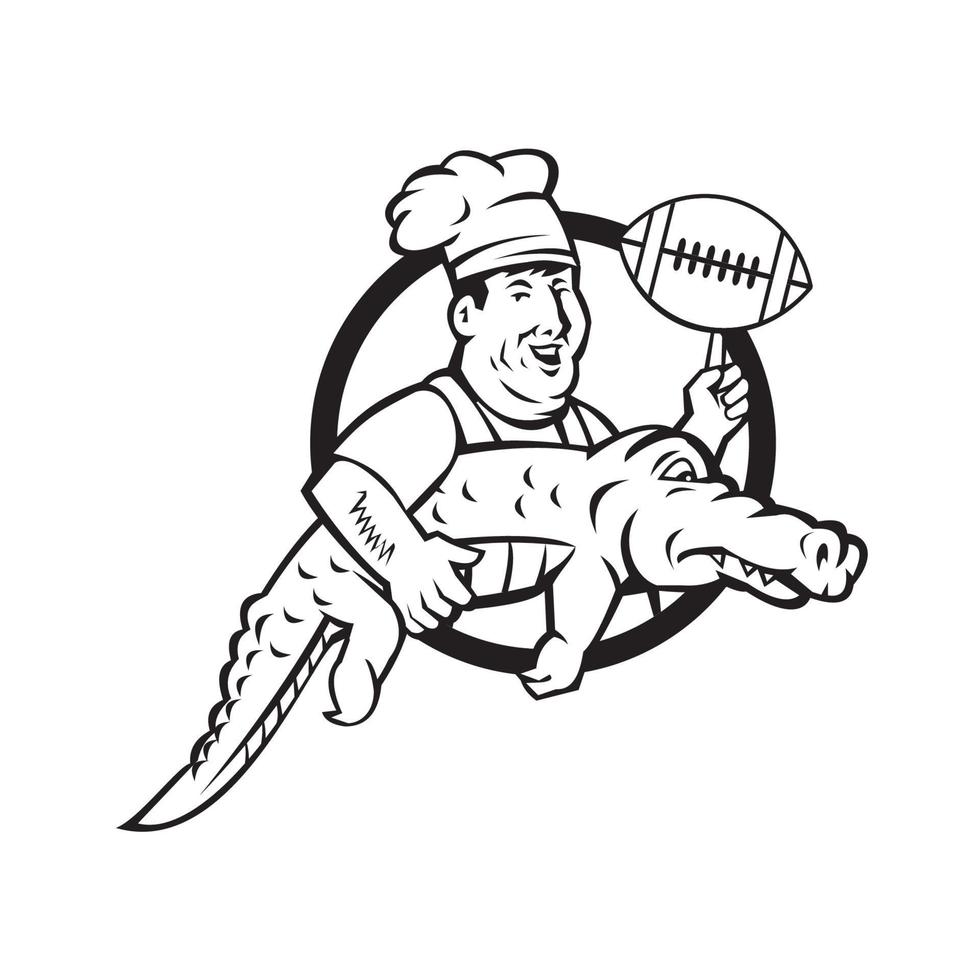 Mascot icon illustration of a chef twirling an American football ball while carrying an alligator vector