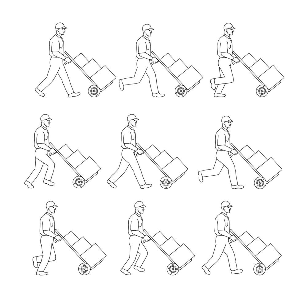 Delivery Worker Pushing Hand Cart Walk Sequence Drawing vector