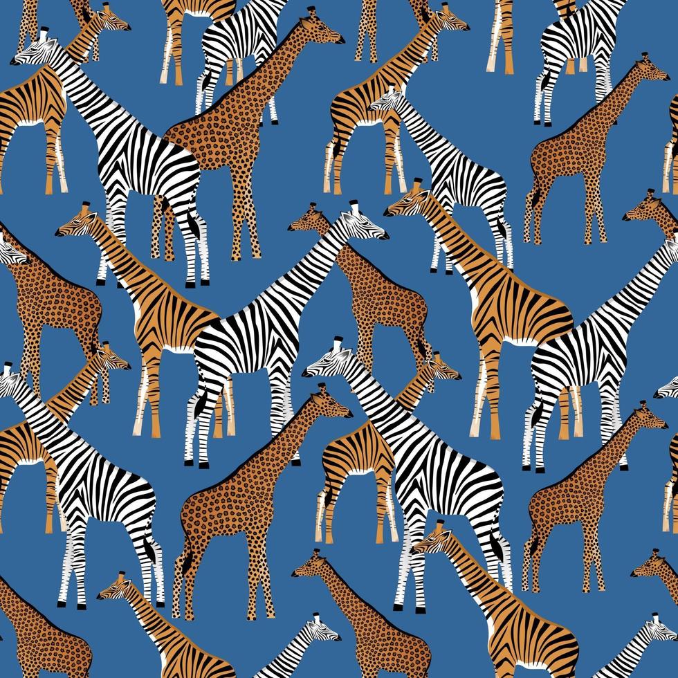 fondo azul con jirafas que quieren ser cebras, tigres y leopardos vector