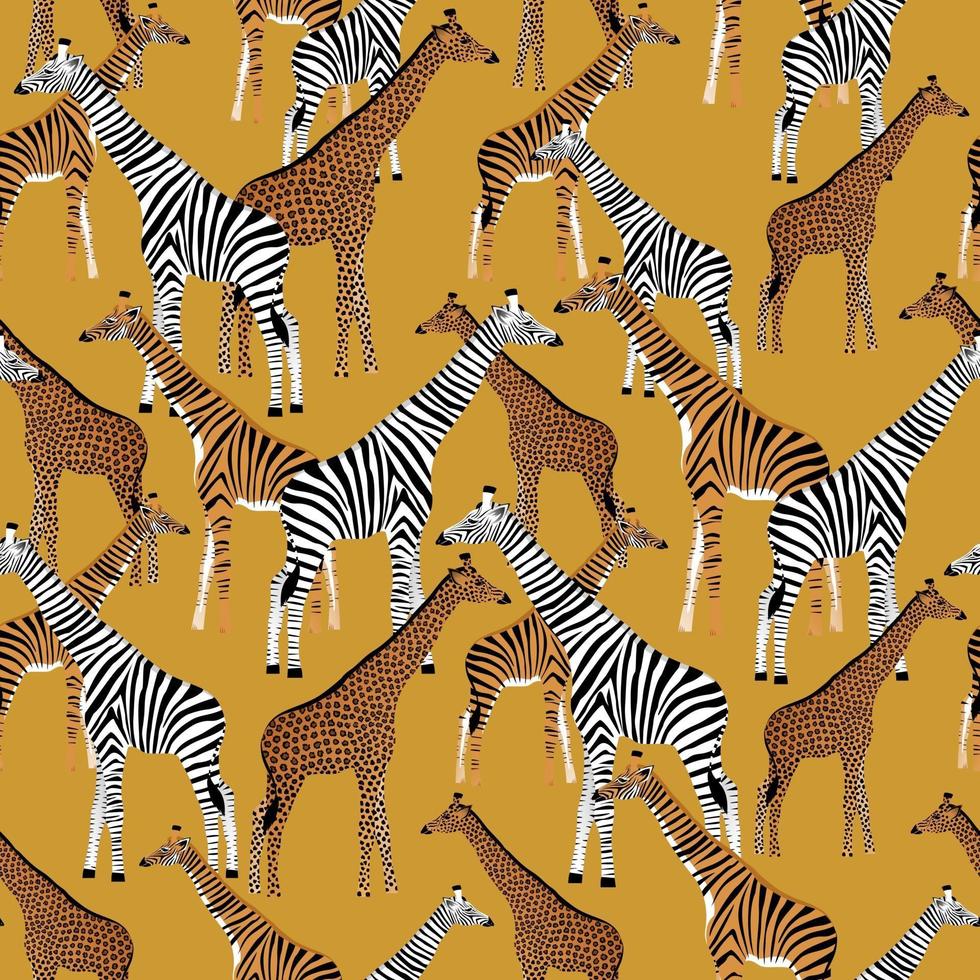 Golden background with giraffes who want to be zebras, tigers and leopards vector