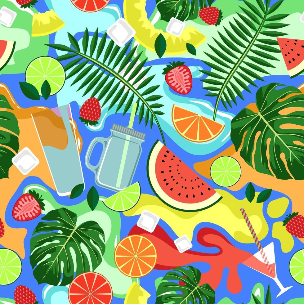 Blue seamless background with colorful drinks and fruits vector