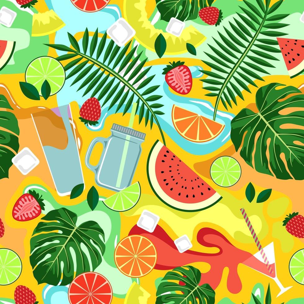 Yellow seamless background with colorful drinks and fruits vector