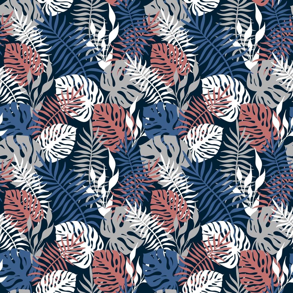 fondo azul con palmeras y hojas de monstera vector