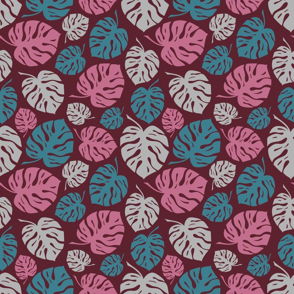 Pink background with colorful monstera leaves vector