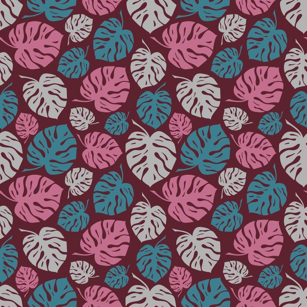 Pink background with colorful monstera leaves vector