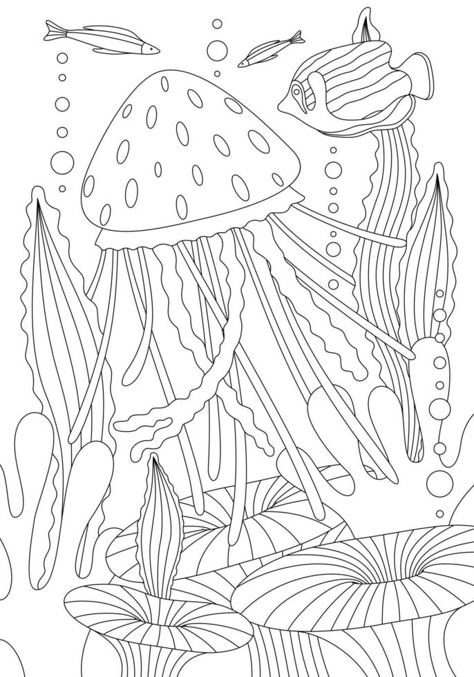 Coloring book with tropical marine life vector