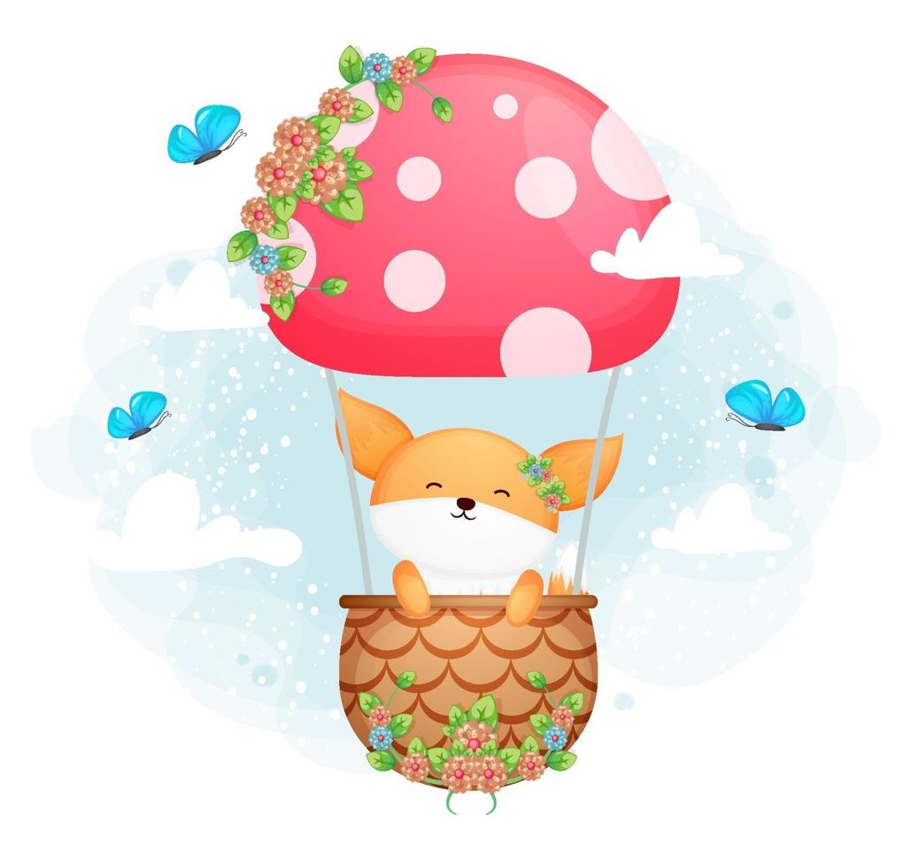 Cute doodle baby fox flying with butterfly in the sky vector