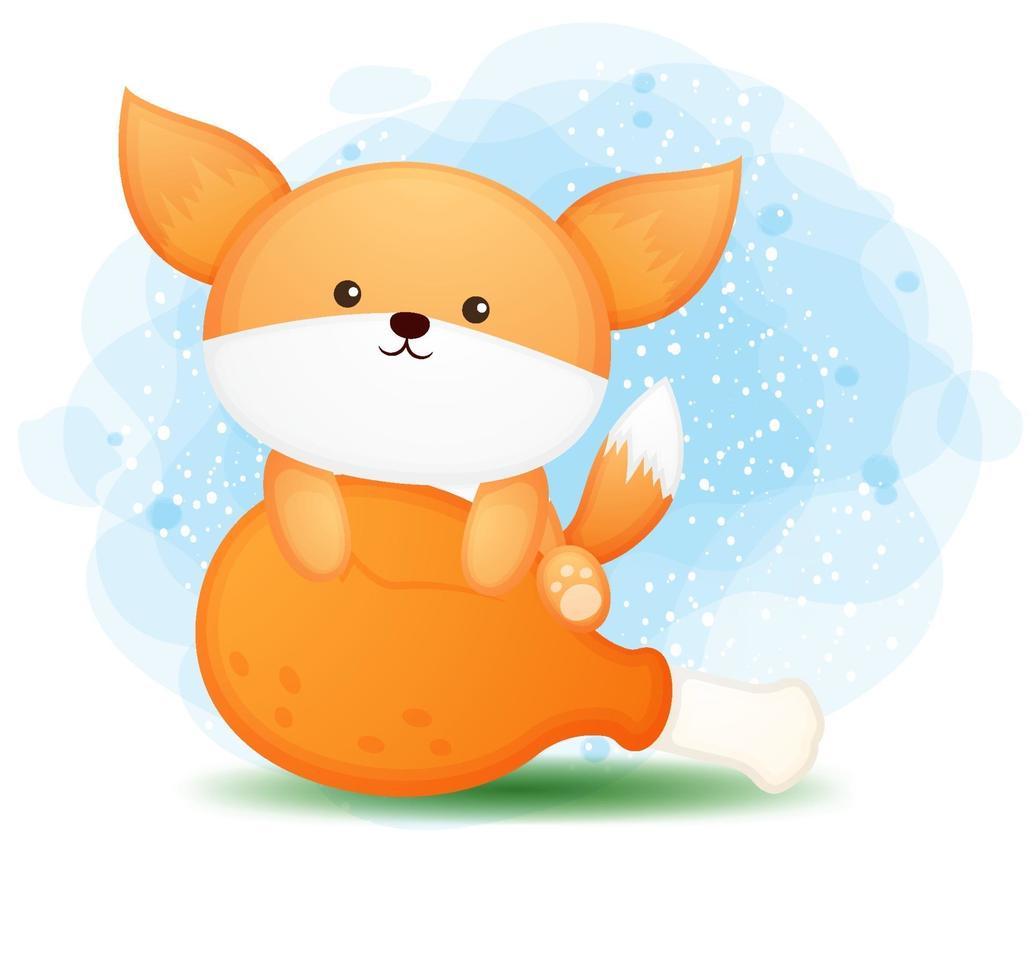 Cute doodle baby fox behind big fried chicken cartoon character vector