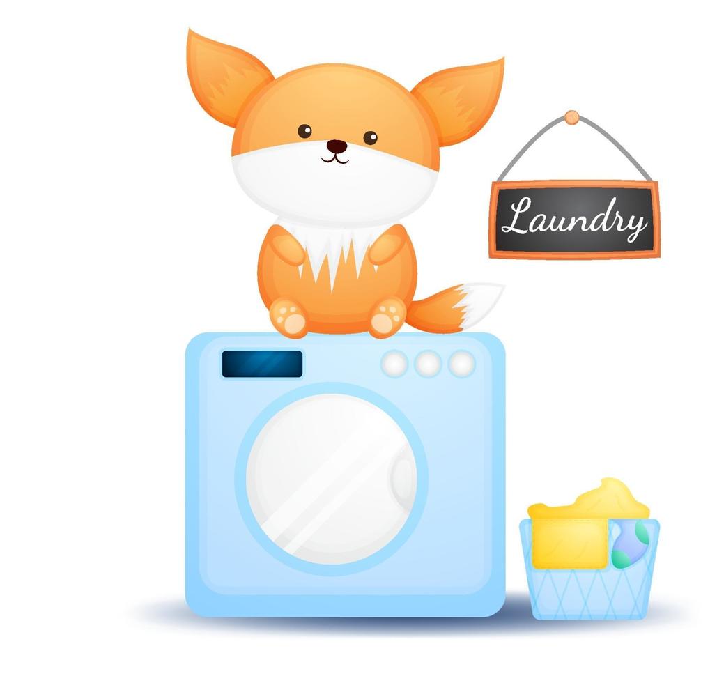 Cute doodle baby fox sits on the washing machine vector