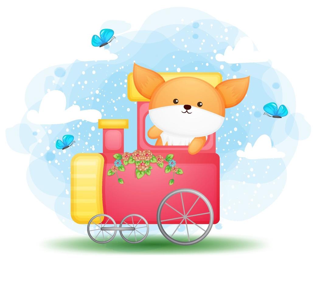 Cute doodle baby fox drives a train cartoon character vector