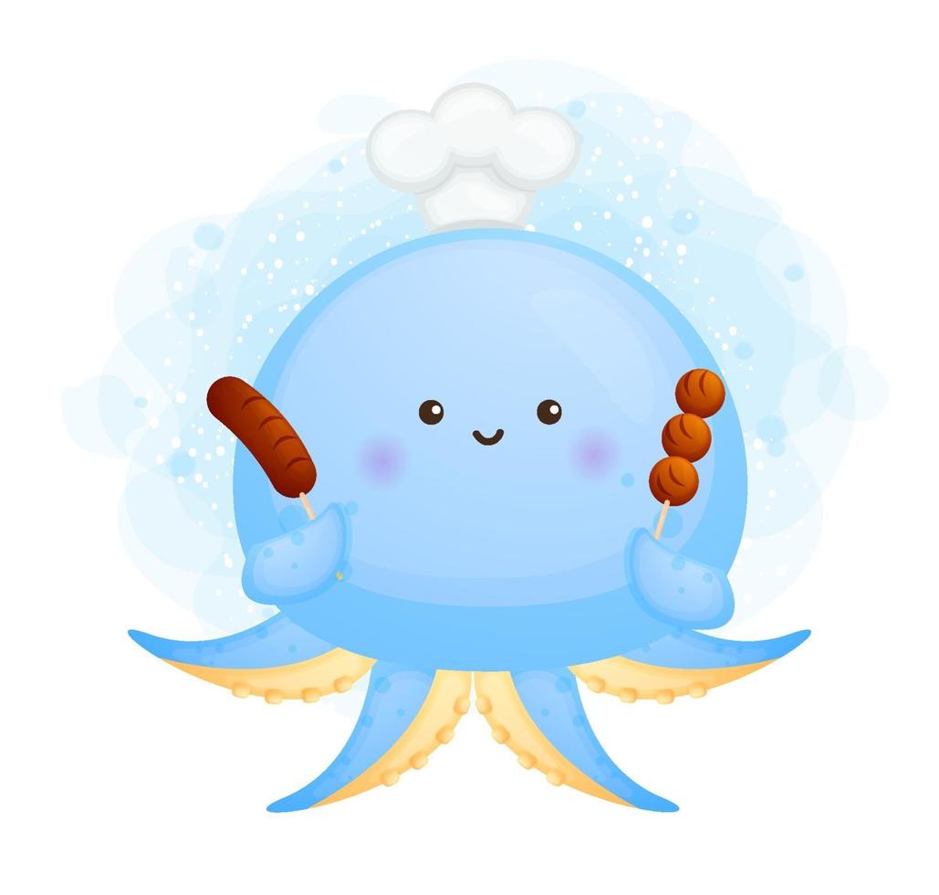 Cute octopus chef holding a grill sausage and a grill meatball. Cartoon character and mascot illustration. vector