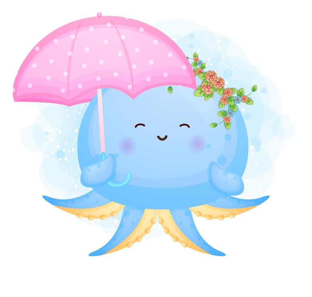 Cute doodle baby octopus holding umbrella cartoon character vector