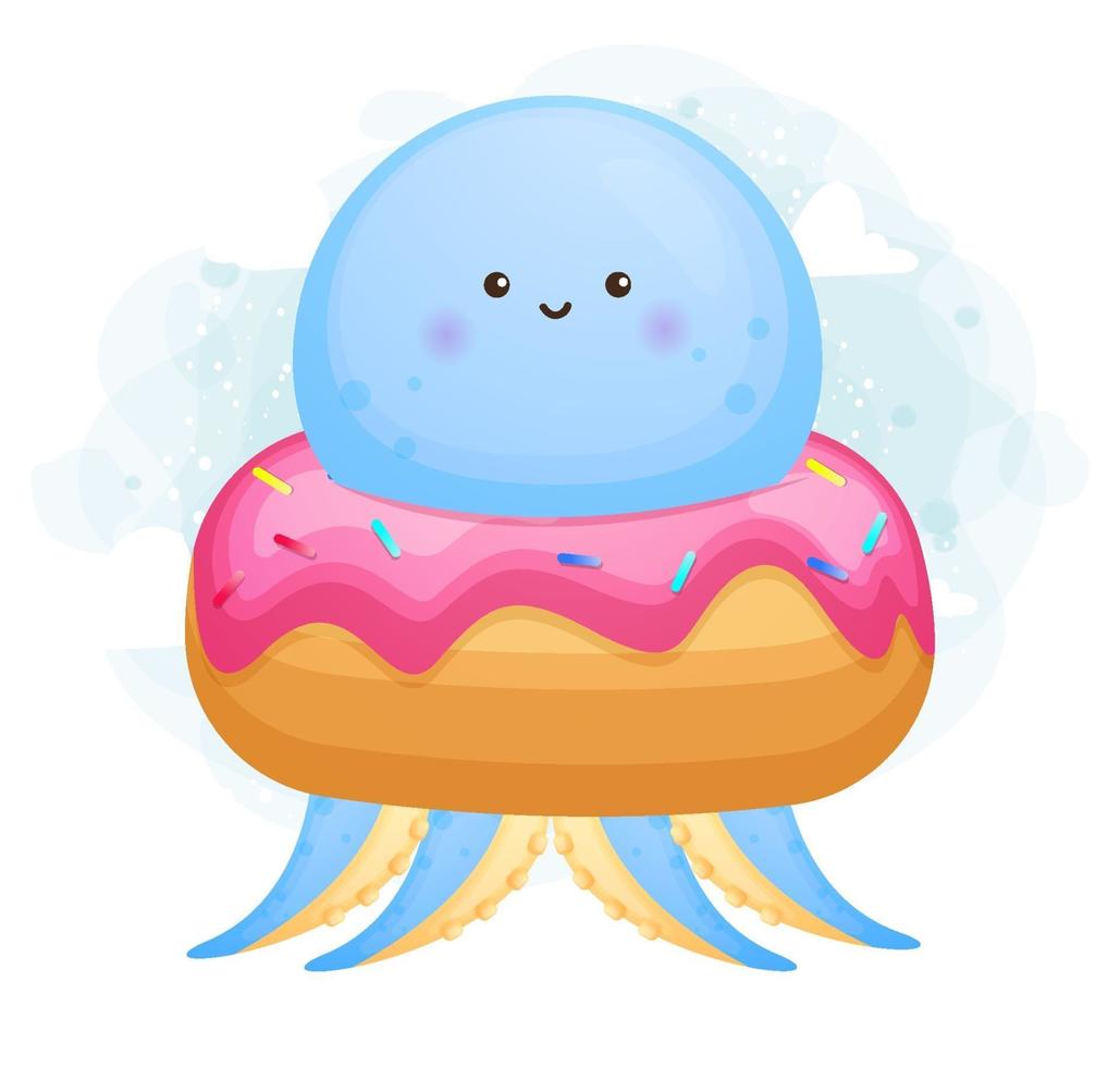 Cute doodle baby octopus inside a donut vector