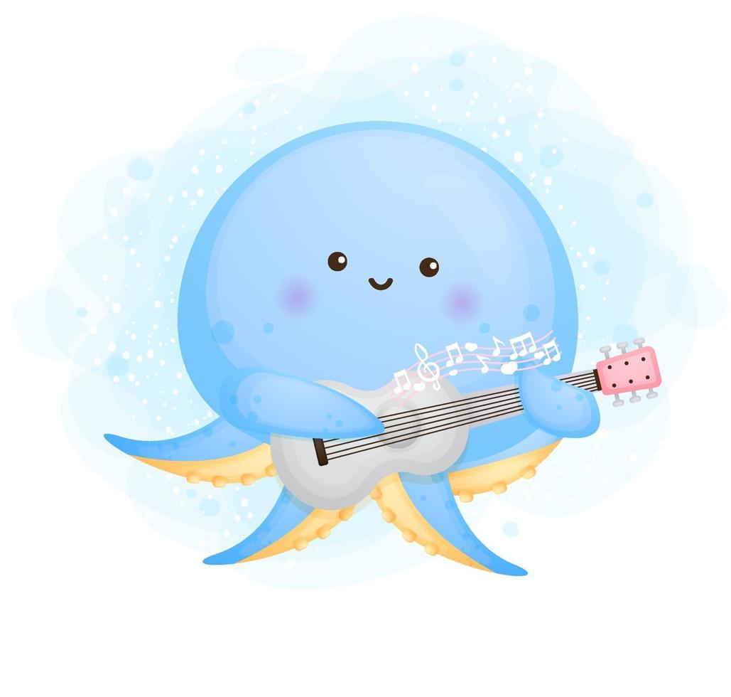 Cute doodle baby octopus playing a guitar cartoon character vector