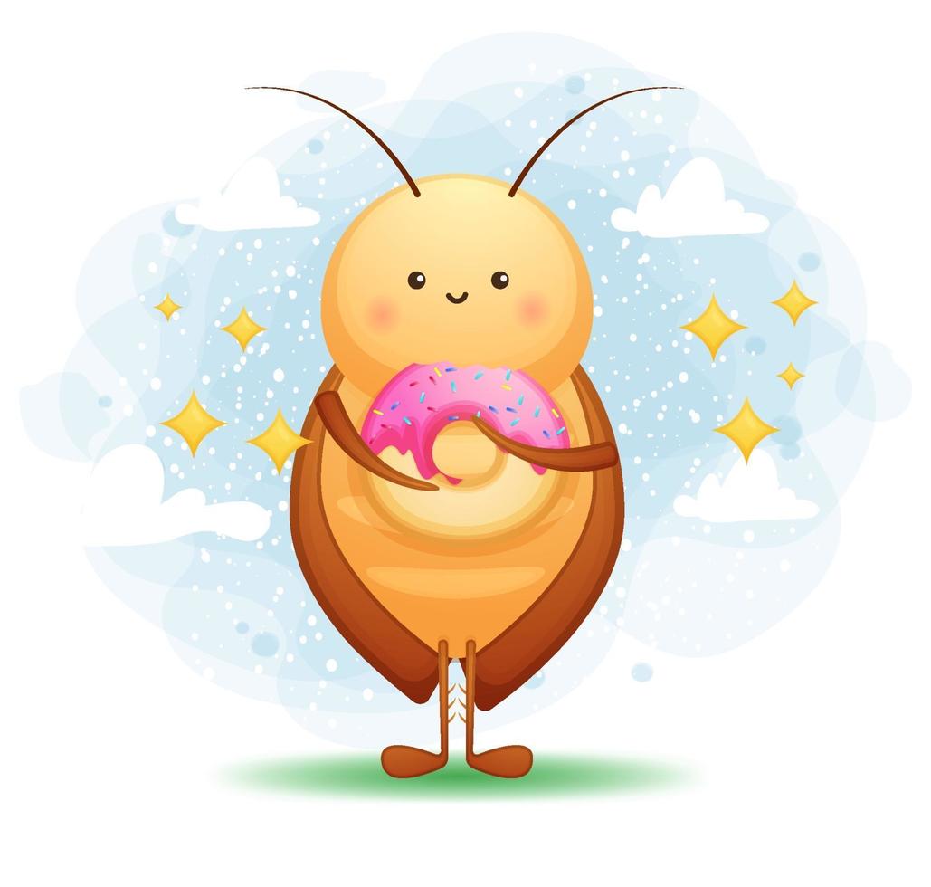 Cute cockroach eats a donut cartoon character vector