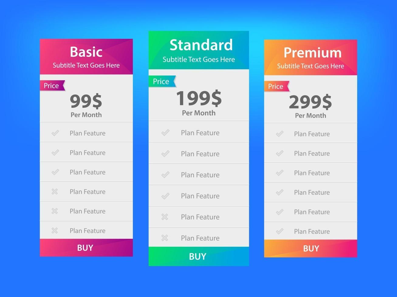 Pricing Table Design for website vector