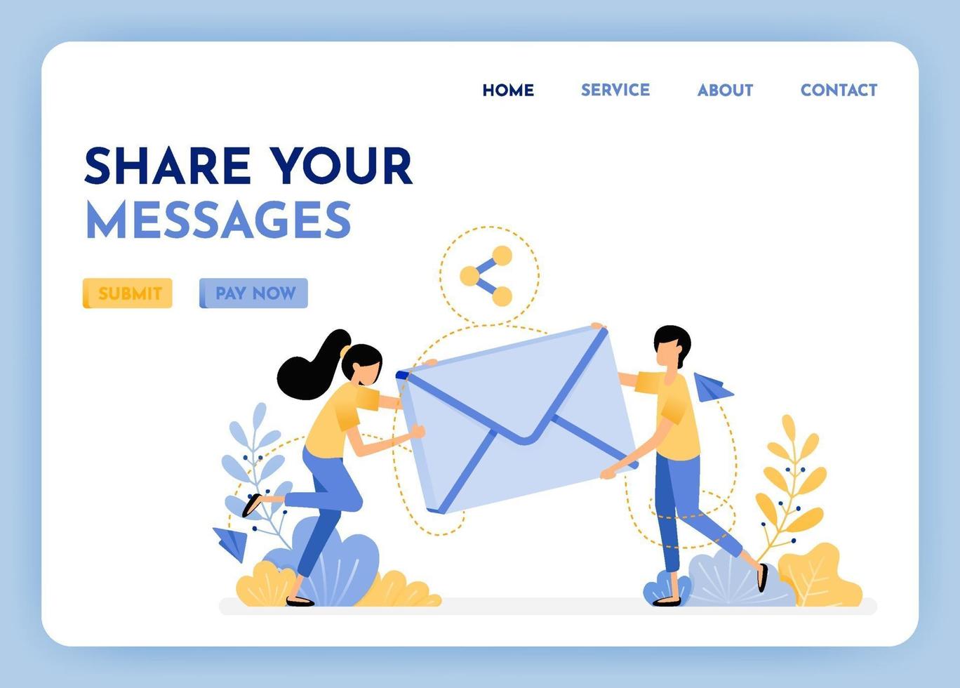 Sharing and sending email. Woman and man holding 3d envelope to communication and discussion. Send messages with internet. Email with 3d style. Illustration for landing page, web, website, poster, ui vector