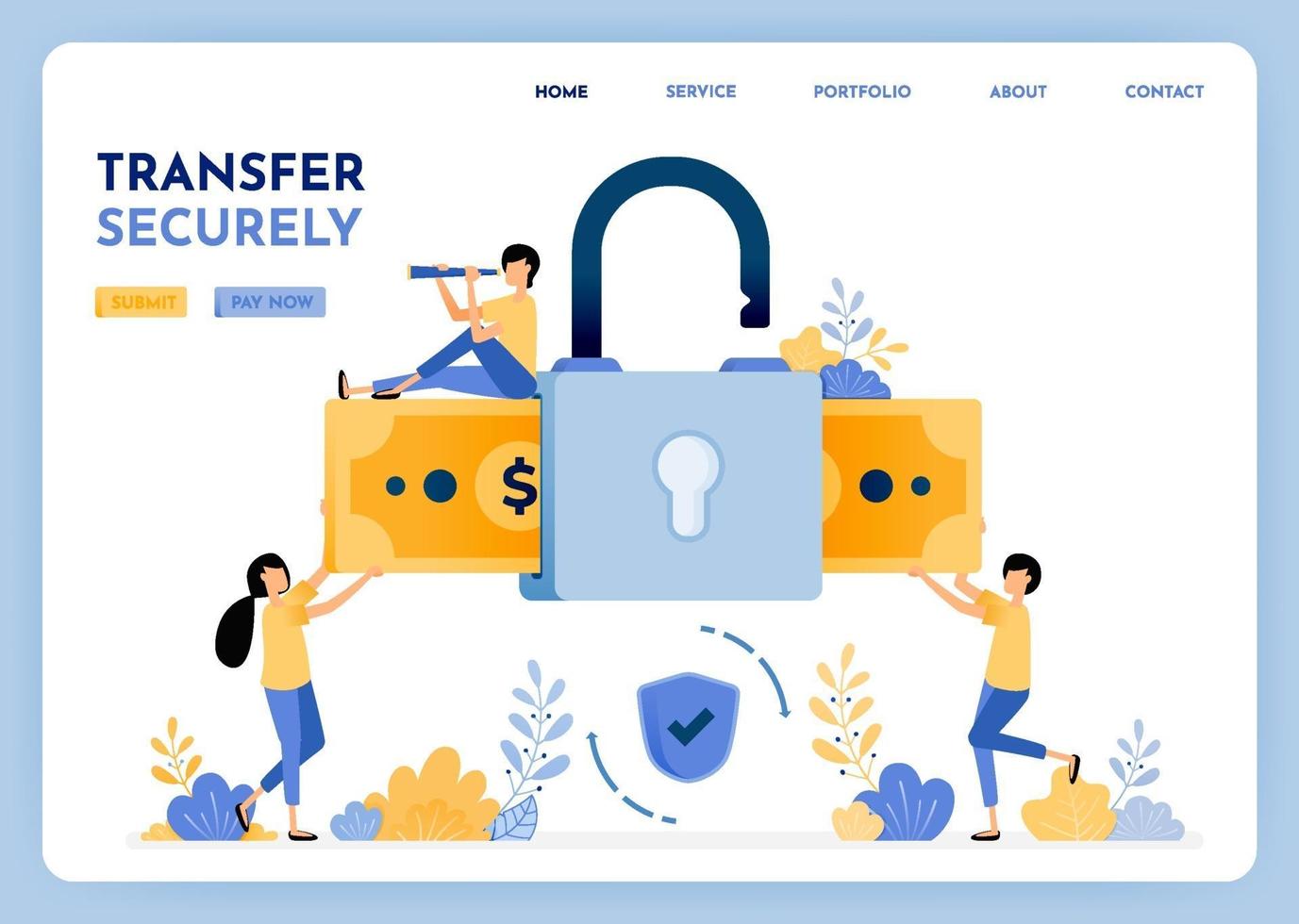 Transfer money with security and and comfortably with data protection and mobile user privacy. 3d style padlock and money for finance and bank. Illustration for landing page, web, website, poster, ui vector