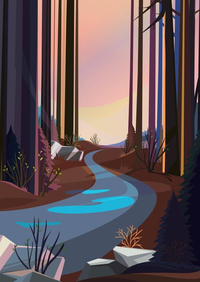 Road in spring forest at sunset. Spring landscape in vertical orientation. vector