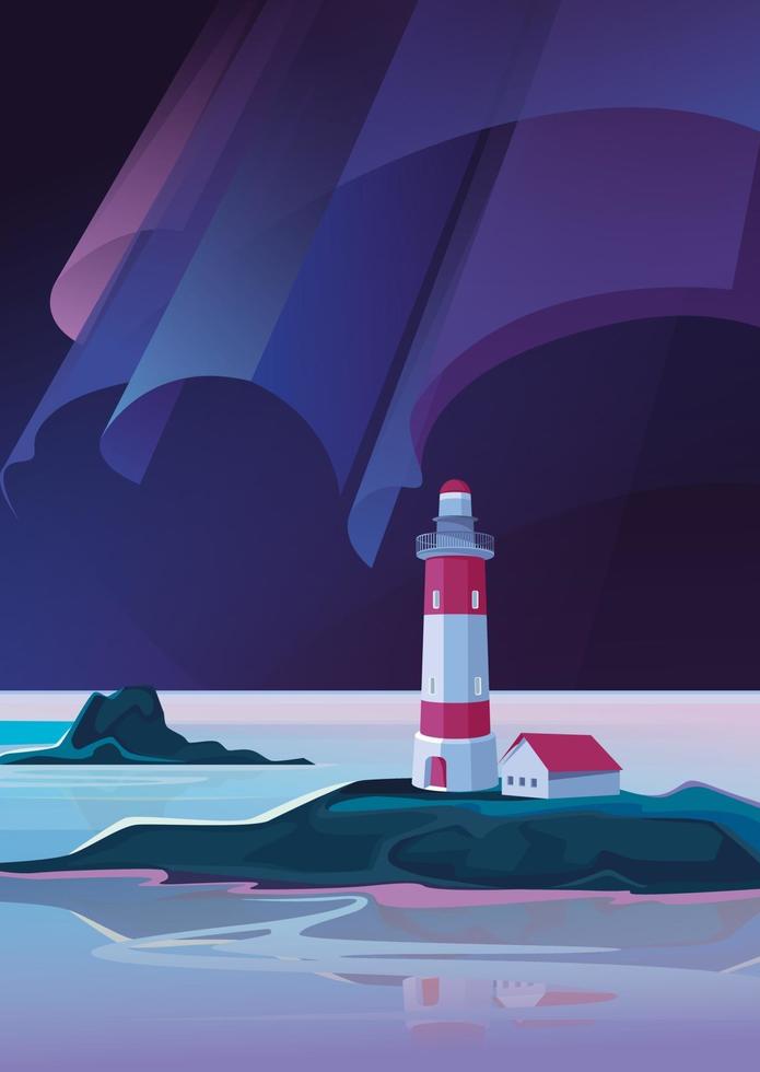 paisaje con faro en la noche. paisaje marino con auroras boreales en orientación vertical. vector