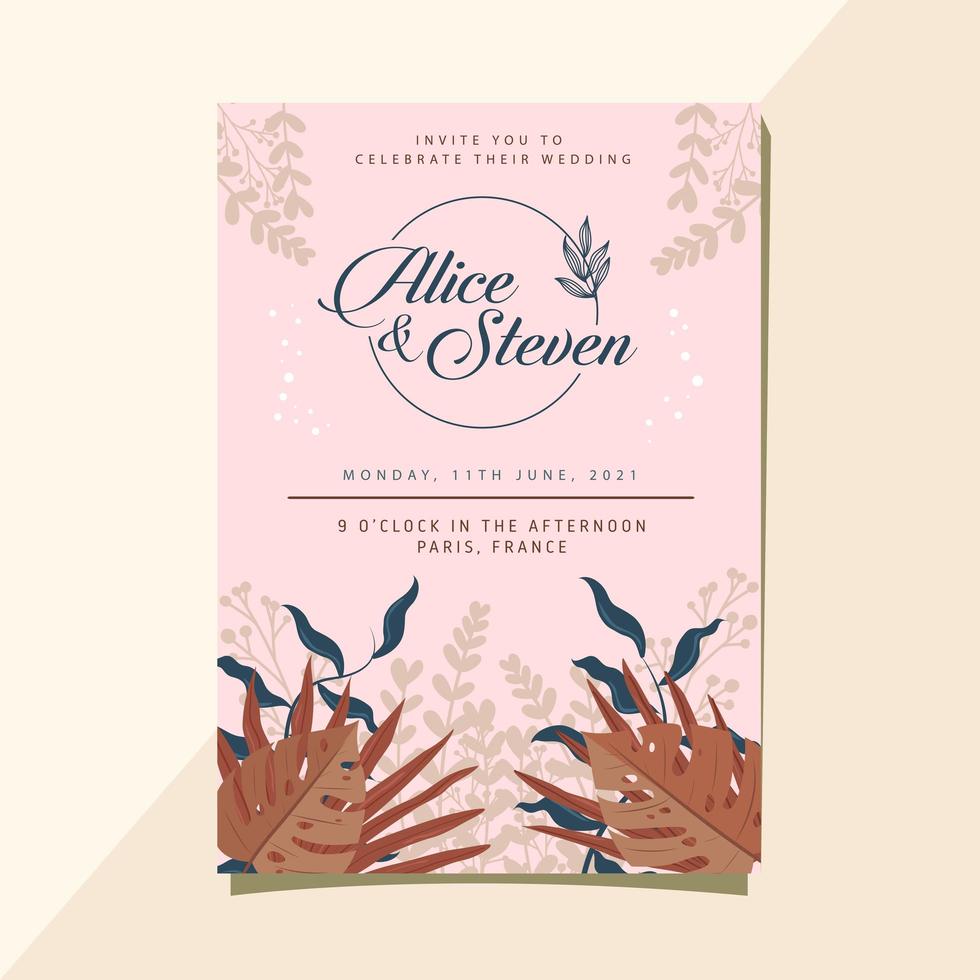 Save the date, wedding invitation card template in soft color, rustic leaf background.Vector illustration. vector