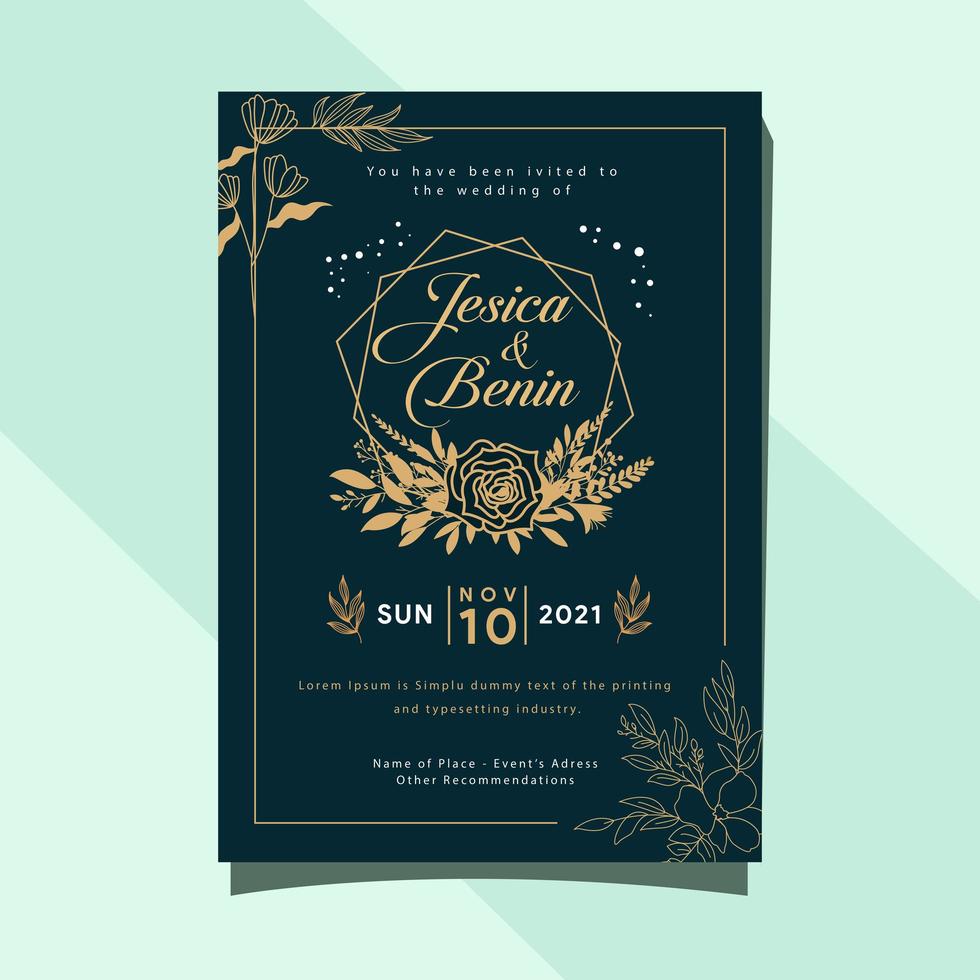 Leaves and flowers wedding invitation card template design, pastel theme and soft vintage vector