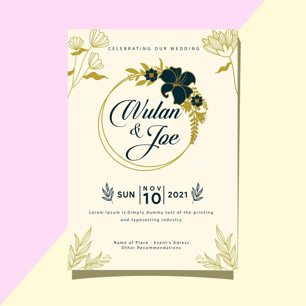 Plantilla de invitación de boda, nombre de la novia y el novio, diseño simple y moderno. vector