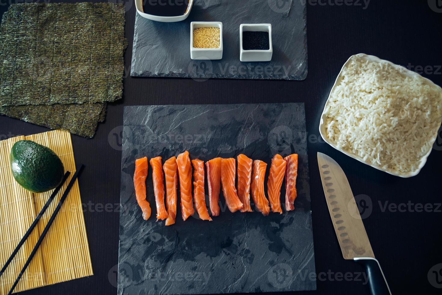 Sliced salmon on a cutting board photo