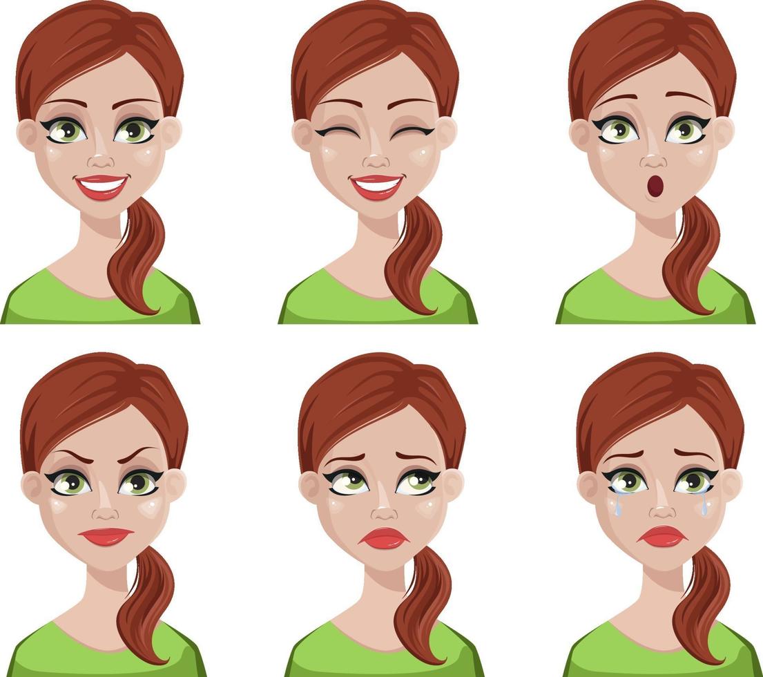 Face expressions of woman with brown hair vector