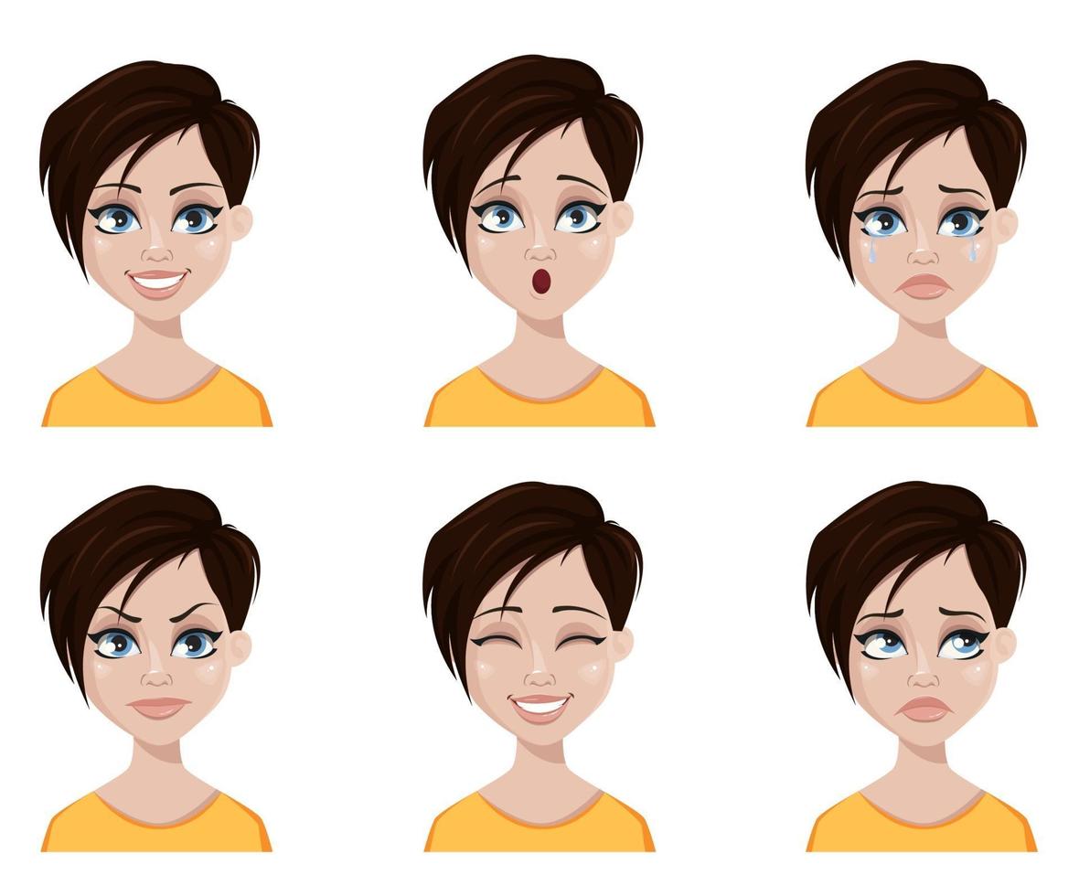 Face expressions of woman with fashionable hairstyle. vector