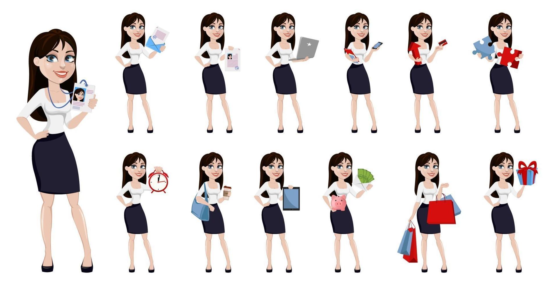 Businesswoman with dark hair, cartoon character vector