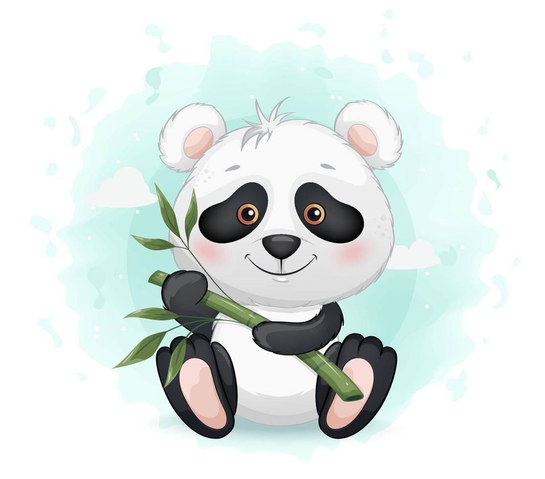 lindo pequeño panda sosteniendo bambú vector
