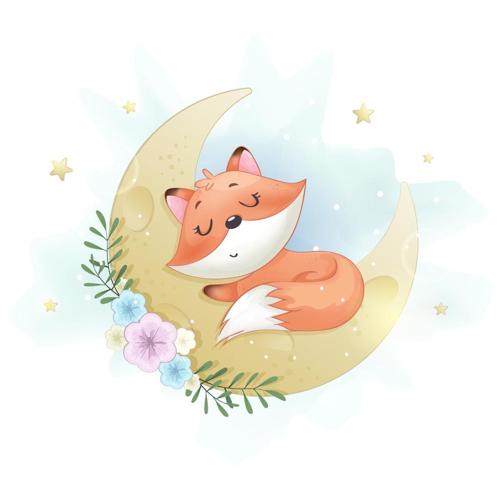 Cute little fox sleeping on the Moon vector