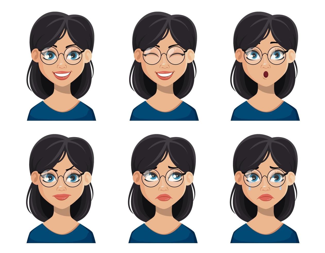 Face expressions of beautiful woman in glasses vector