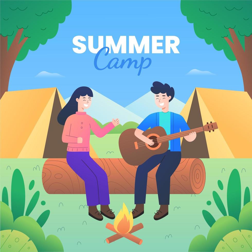 Summer Camp with Couple Sitting Near Bonfire vector