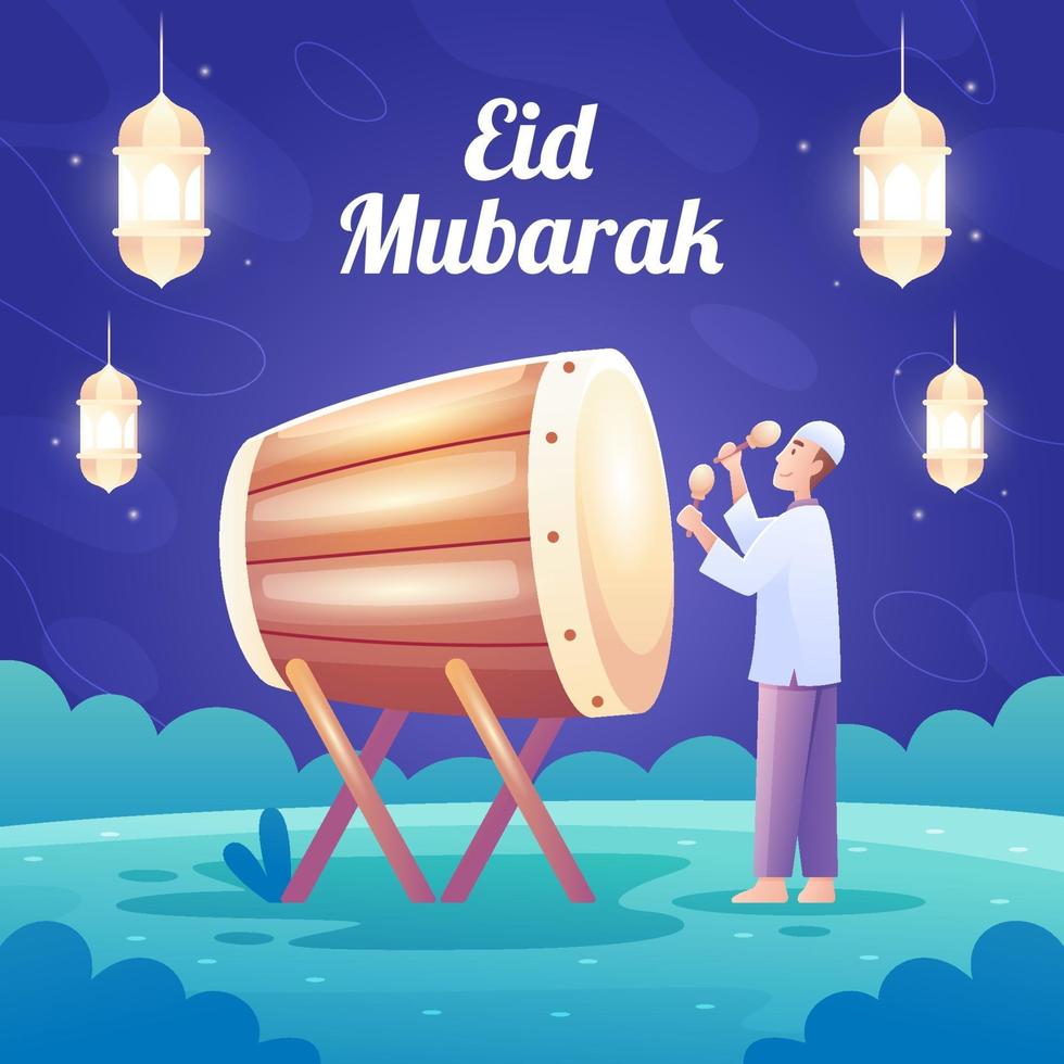 A Man Celebrating Eid Mubarak with Bedug vector