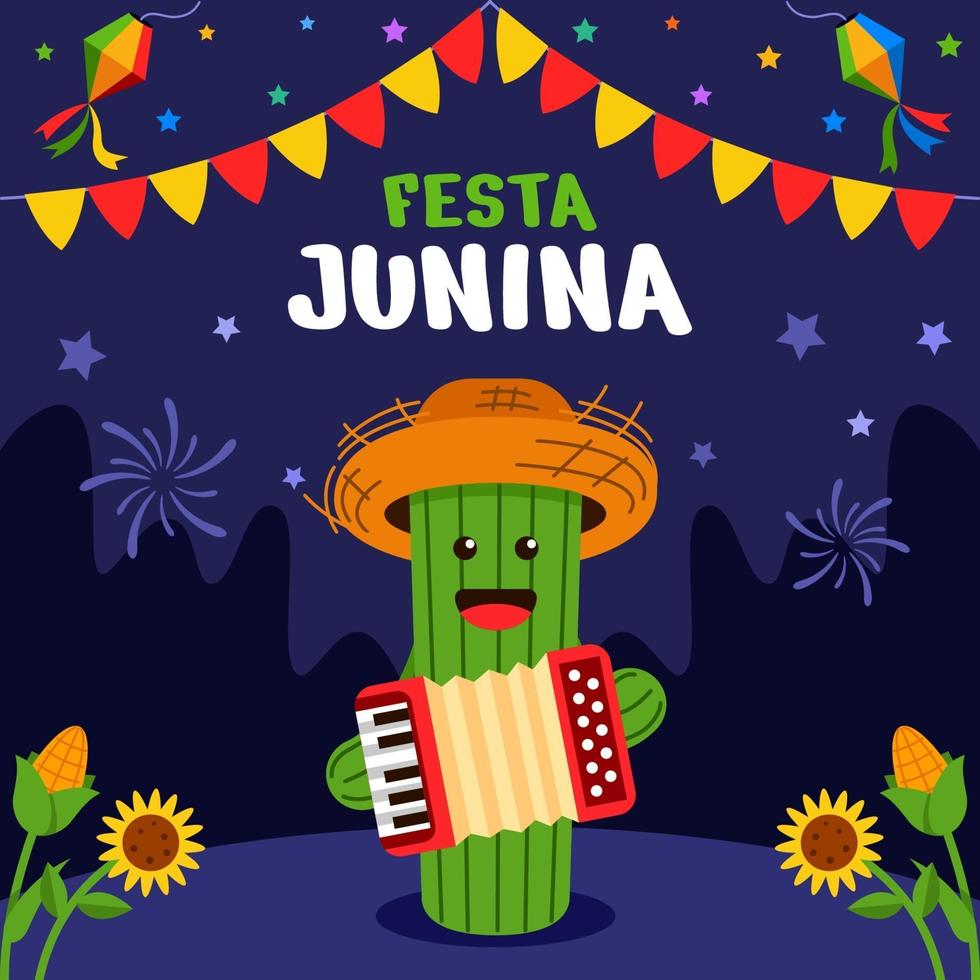 celebración de festa junina con carácter de cactus vector