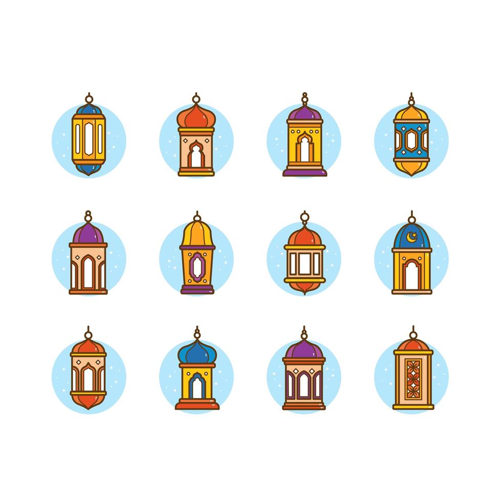 Varias linternas de eid bellamente diseñadas vector