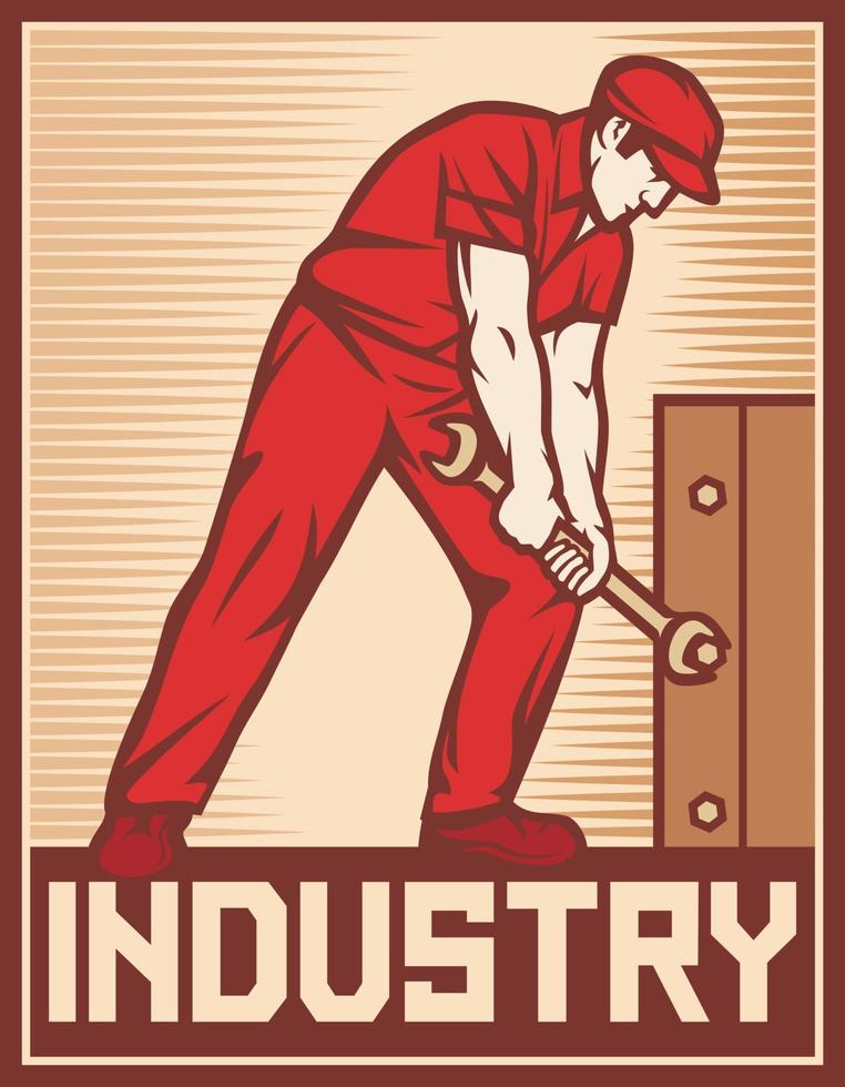 Worker holding wrench industry poster vector illustration