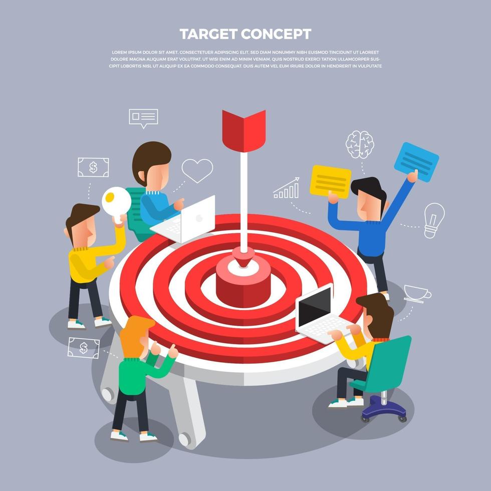 Flat design concept brainstorm working on desktop icon Target. Vector illustrate.