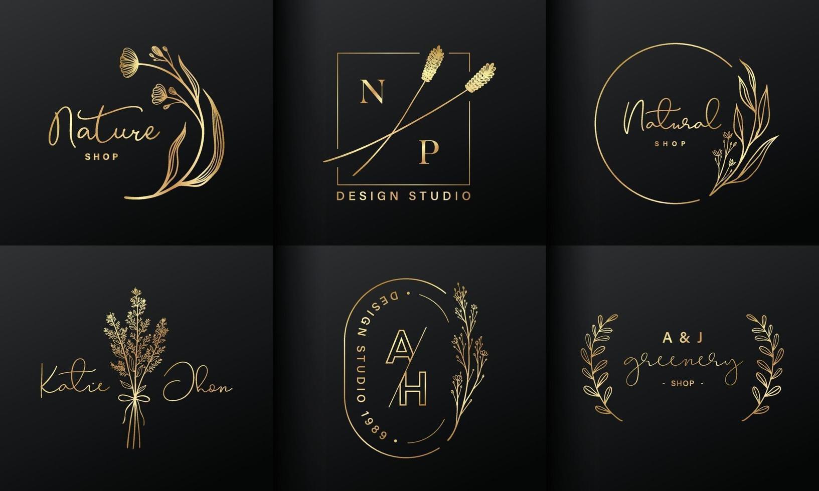 Luxury logo design collection. Golden emblems with initials and floral